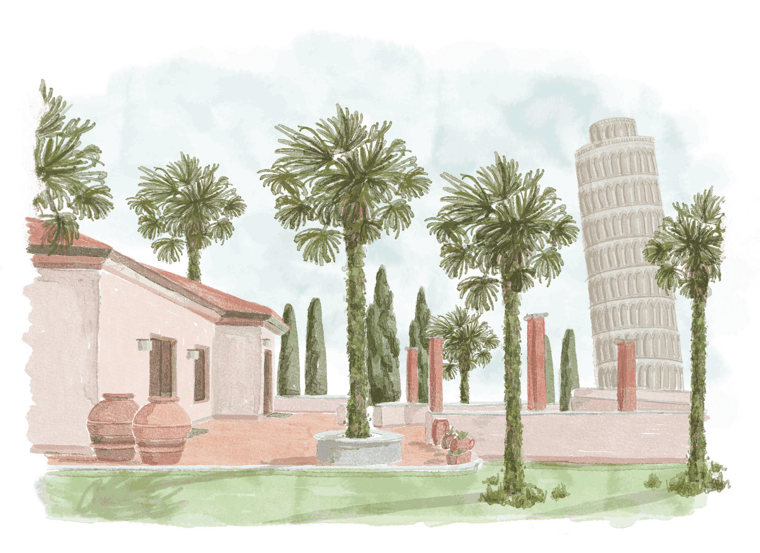 Watercolour of Domus Comeliana with palm trees and the Leaning Tower of Pisa